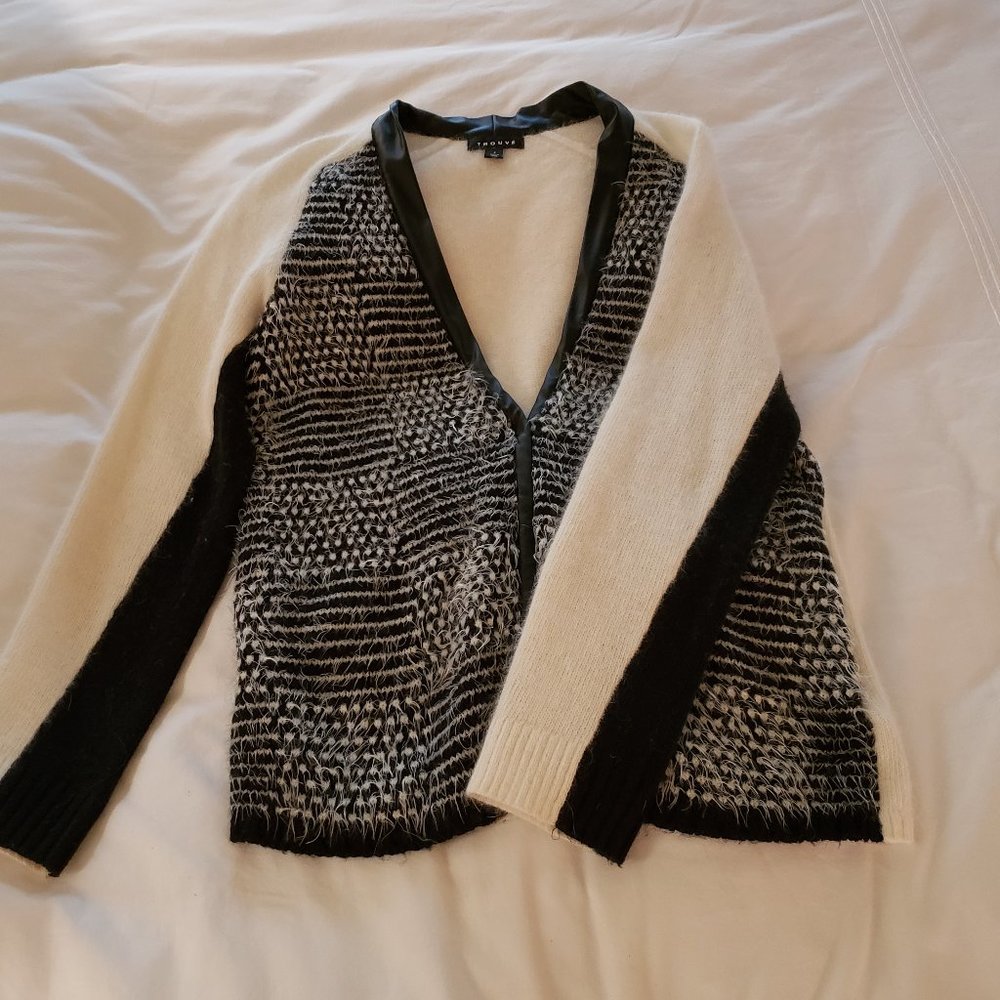 Beautiful Trouve Angora Cardigan Sweater w/Faux Leather trim